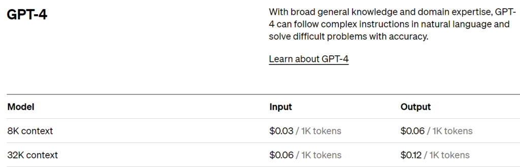 API Pricing for GPT-4